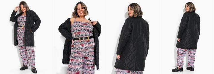 Jaqueta Puffa Alongada Plus Size Preta