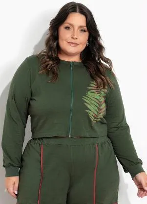 Marguerite - Jaqueta Verde Cropped com Estampa Plus Size - MARGUERITE