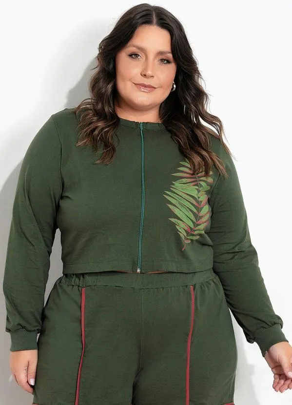 Marguerite - Jaqueta Verde Cropped com Estampa Plus Size