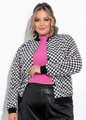 Marguerite - Jaqueta Xadrez Preto com Botões Plus Size - MARGUERITE