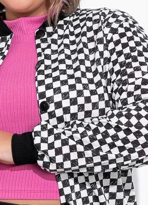 Marguerite - Jaqueta Xadrez Preto com Botões Plus Size - MARGUERITE