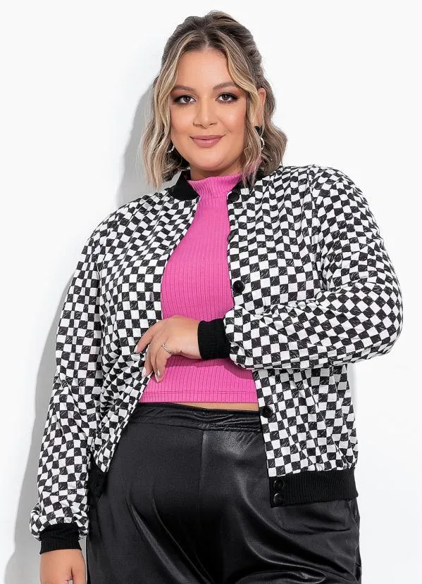 Marguerite - Jaqueta Xadrez Preto com Botões Plus Size