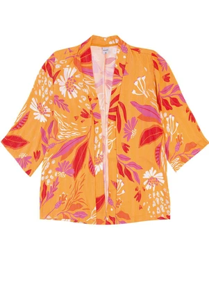 Malwee - Kimono Alongado Tropical em Viscose PlusLaranja - MALWEE