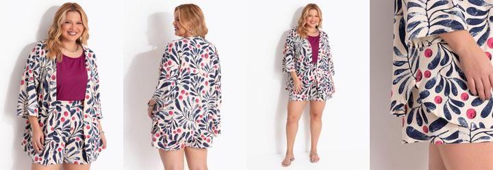Kimono Floral Off White em Malha de Viscose com Elastano
