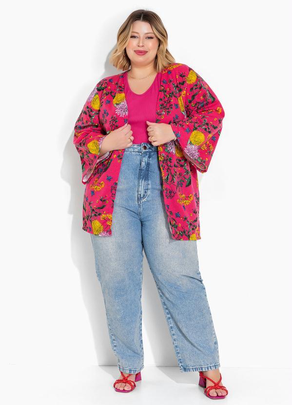 Marguerite - Kimono Floral Rosa com Mangas Amplas Plus Size 3