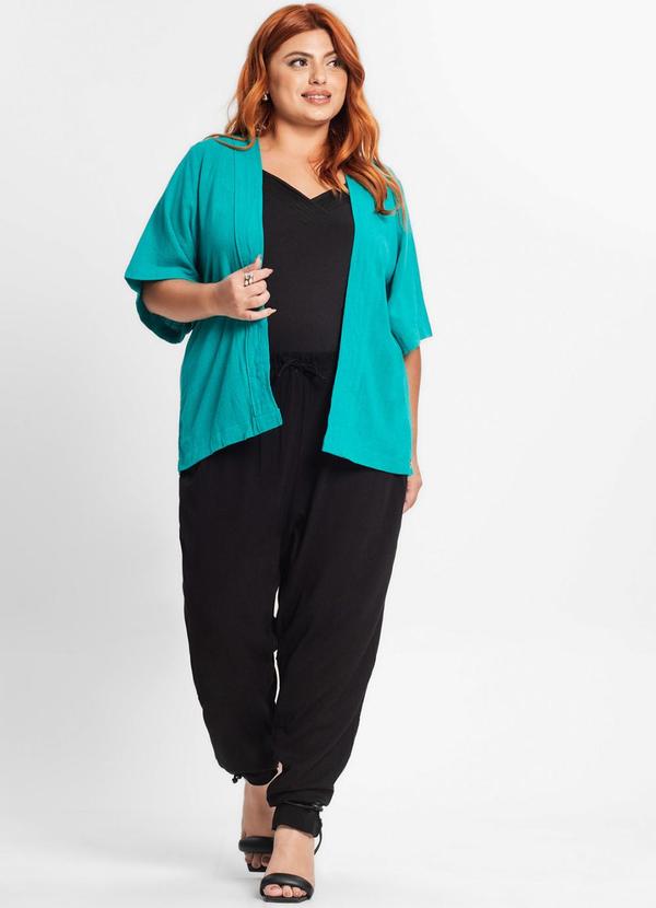 Secret Glam - Kimono Plus Size Feminino em Linho Verde 3