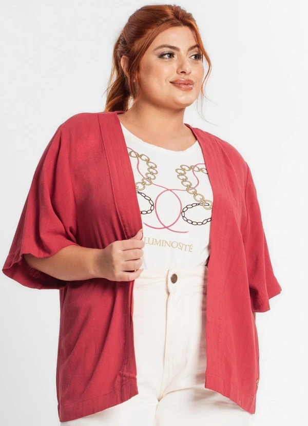 Secret Glam Kimono Plus Size Feminino em Linho Vermelho