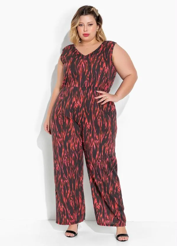 Marguerite - Macacão Abstrato Preto com Decote V Plus Size