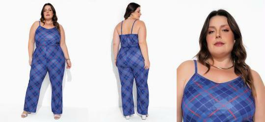 Macaco com Alas Xadrez Azul Plus Size