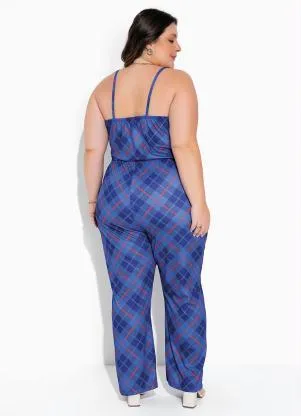 Marguerite - Macacão com Alças Xadrez Azul Plus Size - MARGUERITE