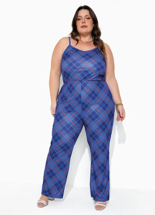 Marguerite - Macacão com Alças Xadrez Azul Plus Size
