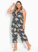 Macacão Floral Preto com Amarração Plus Size