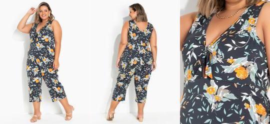 Macaco Floral Preto com Amarrao Plus Size