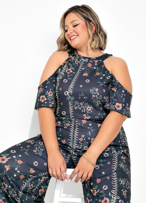 Outlet - Macacão Floral Preto com Babado Plus Size 1