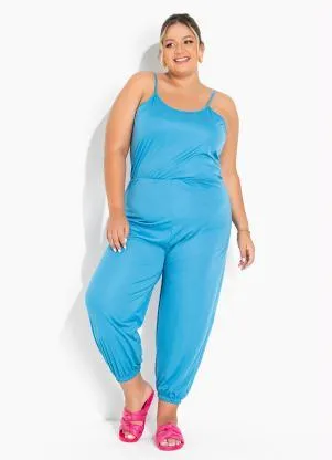 Marguerite - Macacão Jogger Azul Anil com Alças Plus Size - MARGUERITE