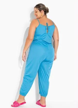 Marguerite - Macacão Jogger Azul Anil com Alças Plus Size - MARGUERITE