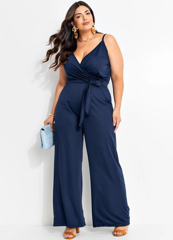 Marguerite - Macacão Marinho de Alças e Amarração Plus Size