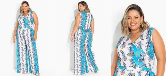 Macaco Paisley Azul com Transpassado Plus Size