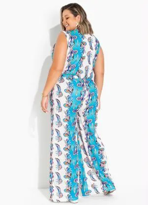 Marguerite - Macacão Paisley Azul com Transpassado Plus Size - MARGUERITE