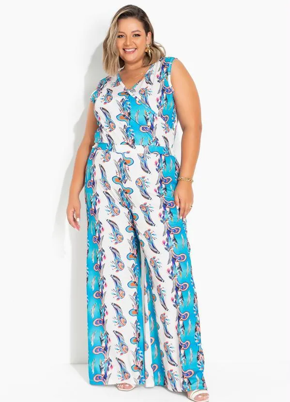 Marguerite - Macacão Paisley Azul com Transpassado Plus Size