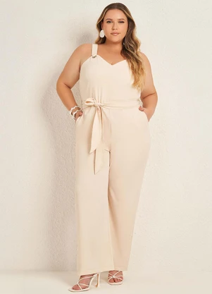 Lisamour - Macacão Pantalona com Faixa na Cintura Branco - LISAMOUR