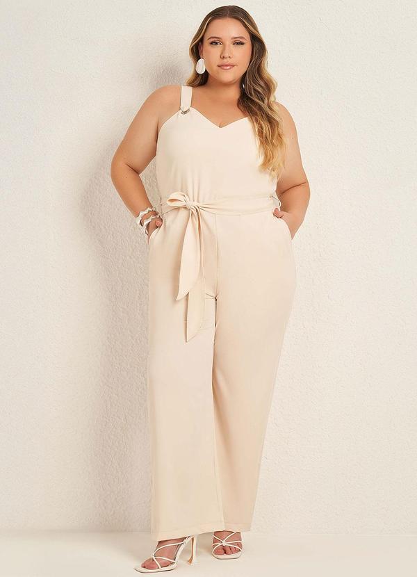 Lisamour - Macacão Pantalona com Faixa na Cintura Branco