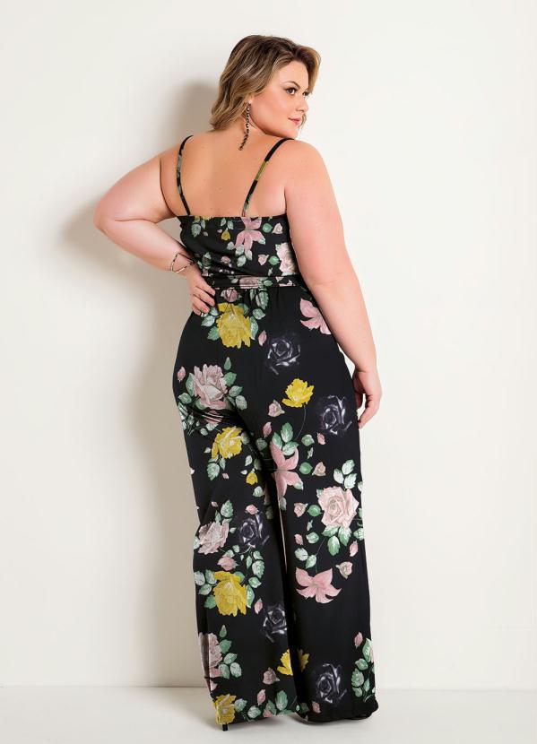 Marguerite - Macacão Pantalona Floral Preto Plus Size 2