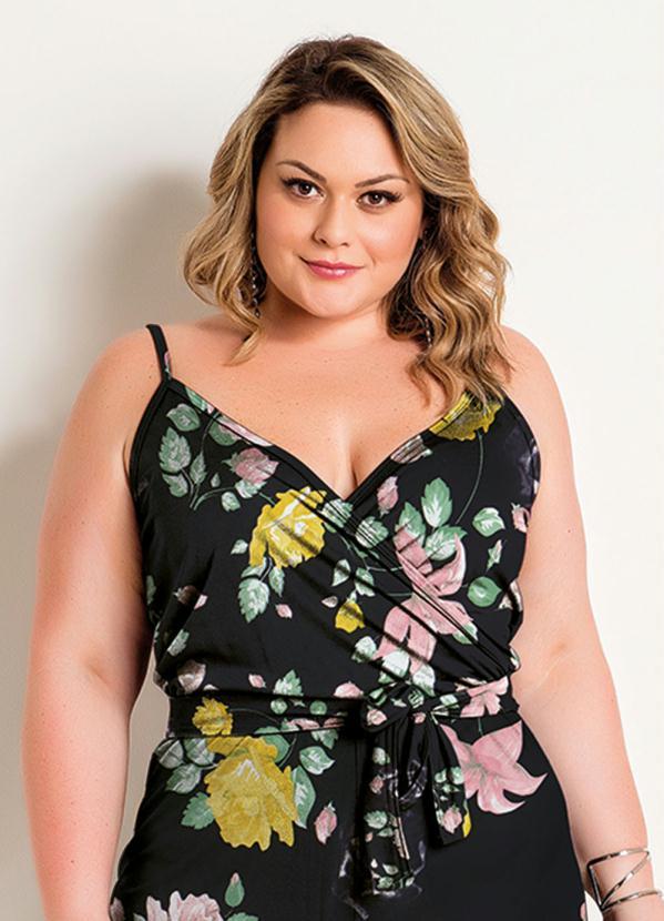 Marguerite - Macacão Pantalona Floral Preto Plus Size 3