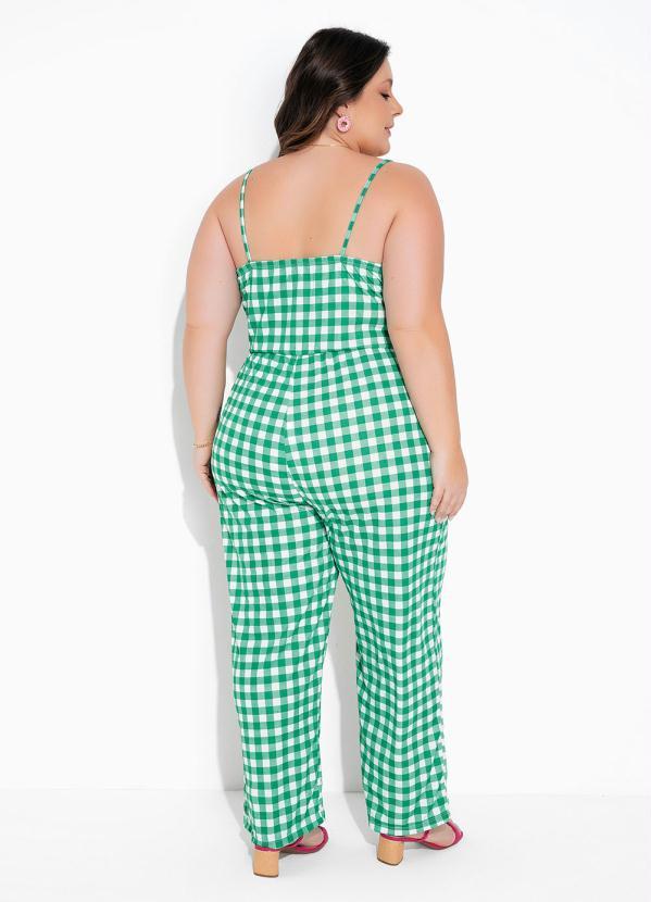 Queima Estoque - Macacão Xadrez Verde com Alcinhas Plus Size 2