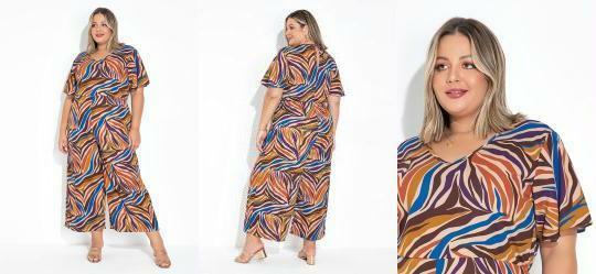 Macac�o Zebra Bege com Mangas Amplas Plus Size