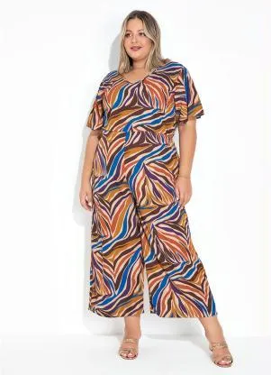 Marguerite - Macacão Zebra Bege com Mangas Amplas Plus Size - MARGUERITE