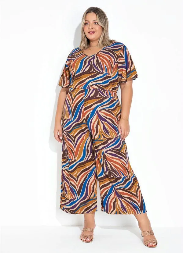 Marguerite - Macacão Zebra Bege com Mangas Amplas Plus Size