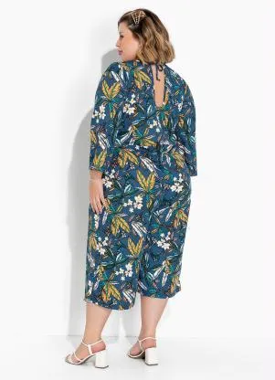 Marguerite - Macacão Floral Azul Pantacourt Plus Size - MARGUERITE