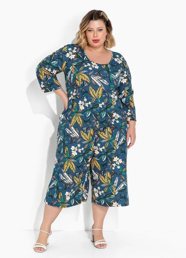 Marguerite - Macacão Floral Azul Pantacourt Plus Size 1