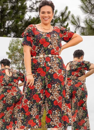 Marguerite - Macacão Floral Preto em Poliflex - MARGUERITE