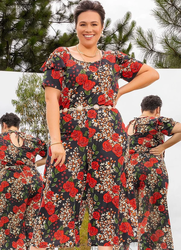 Marguerite - Macacão Floral Preto em Poliflex