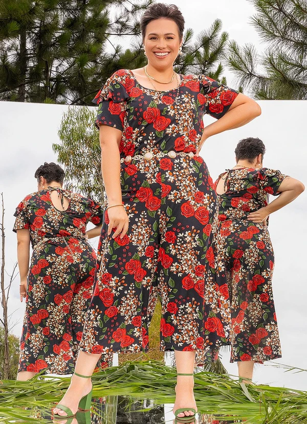 Marguerite - Macacão Floral Preto em Poliflex 3