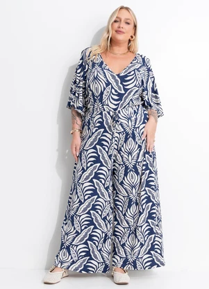 Marguerite - Macacão Folhagem Azul Pantacourt em Malha de Viscose - MARGUERITE