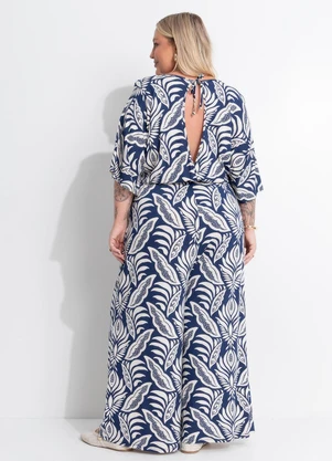 Marguerite - Macacão Folhagem Azul Pantacourt em Malha de Viscose - MARGUERITE