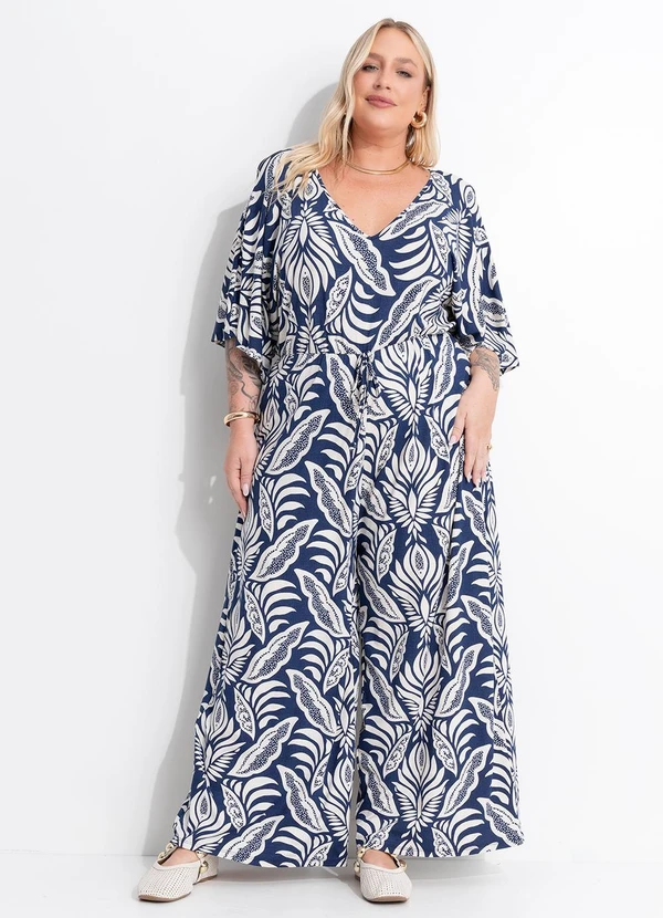 Marguerite - Macacão Folhagem Azul Pantacourt em Malha de Viscose 3