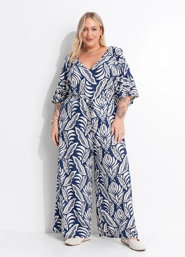 Marguerite - Macacão Folhagem Azul Pantacourt em Malha de Viscose 4