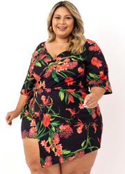 Macaquinho com Saia Plus Size Floral Preta