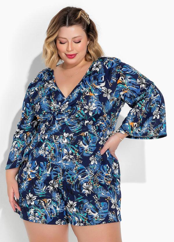 Marguerite - Macaquinho Floral Azul Transpassado Plus Size