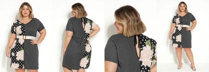 Macaquinho Floral e Po com Mangas Plus Size