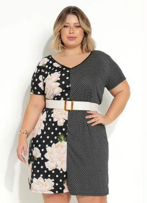 Marguerite - Macaquinho Floral e Poá com Mangas Plus Size - MARGUERITE