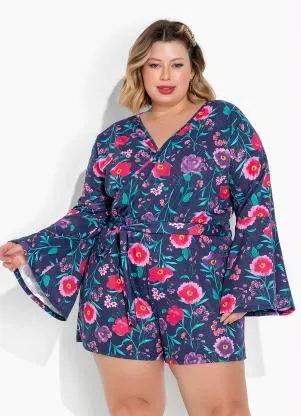 Marguerite - Macaquinho Floral Marinho com Faixa Plius Size - MARGUERITE