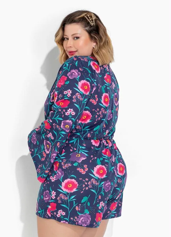 Marguerite - Macaquinho Floral Marinho com Faixa Plius Size 2