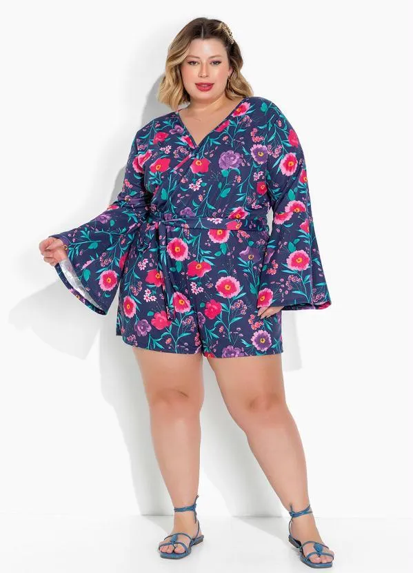 Marguerite - Macaquinho Floral Marinho com Faixa Plius Size 4