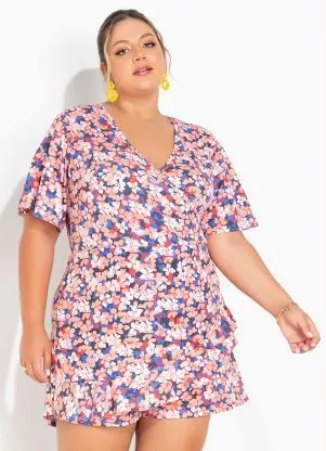 Marguerite - Macaquinho Floral Salmão Transpassado Plus Size - MARGUERITE