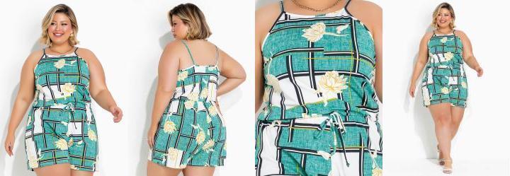 Macaquinho Floral Verde com Alas Plus Size